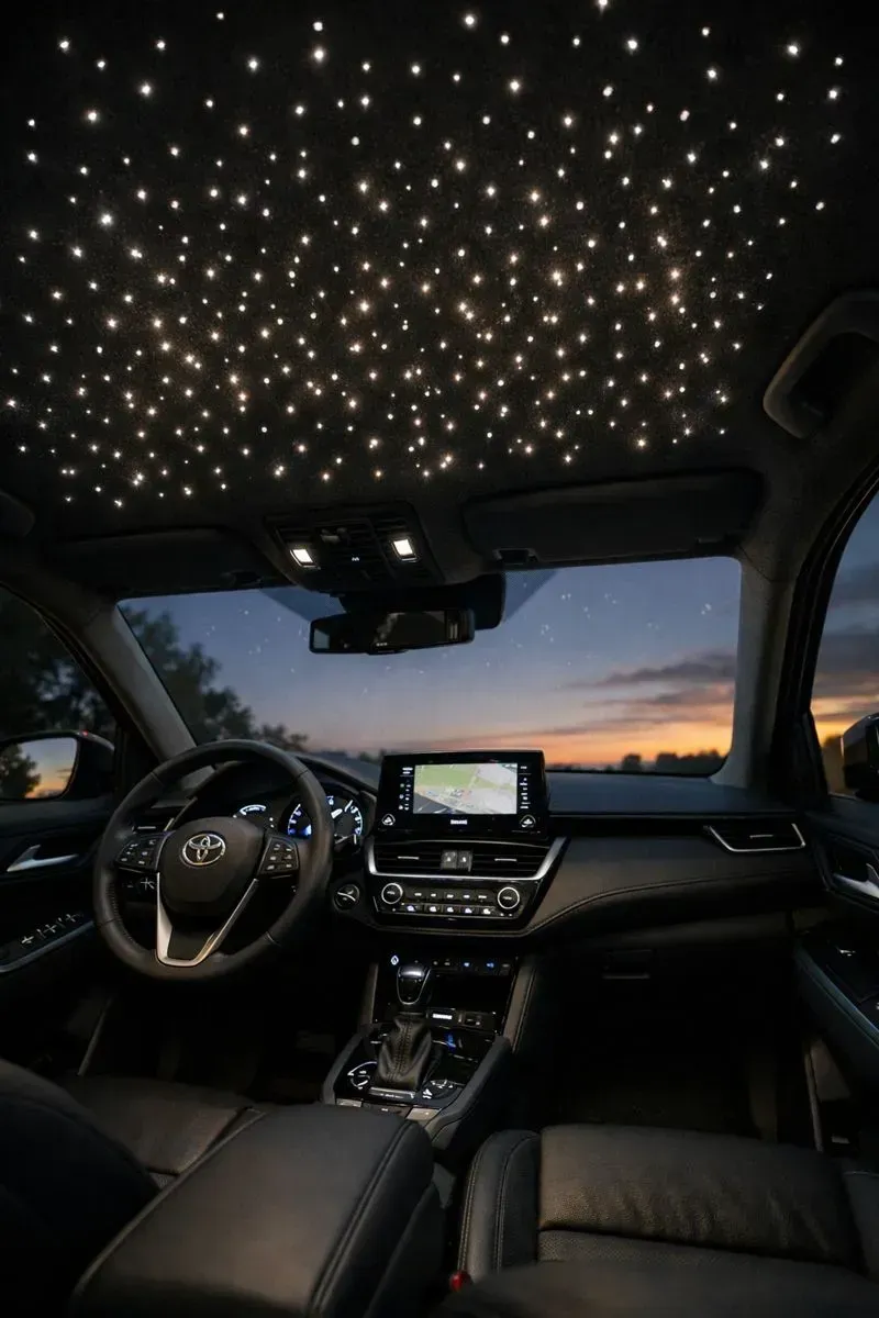 Toyota SUV cabin at dusk with a white starlight headliner, Bryan, TX