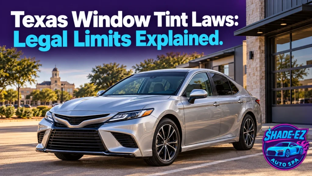 Silver sedan with tinted windows parked outside a tint shop in Bryan, Texas, with the title Texas Window Tint Laws: Legal Limits Explained