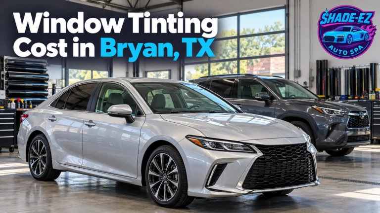 Silver sedan and gray SUV inside a window tint shop with the title Window Tinting Cost in Bryan, TX